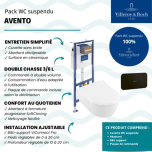 Pack WC suspendu sans bride Avento + abattant + bâti-support sol et mur + plaque noire mate