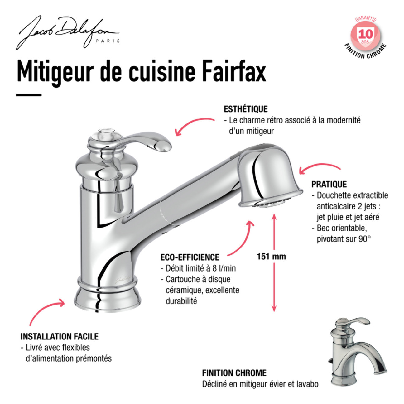 Evier à encastrer 1 bac Gaspard + robinet cuisine Fairfaix avec douchette