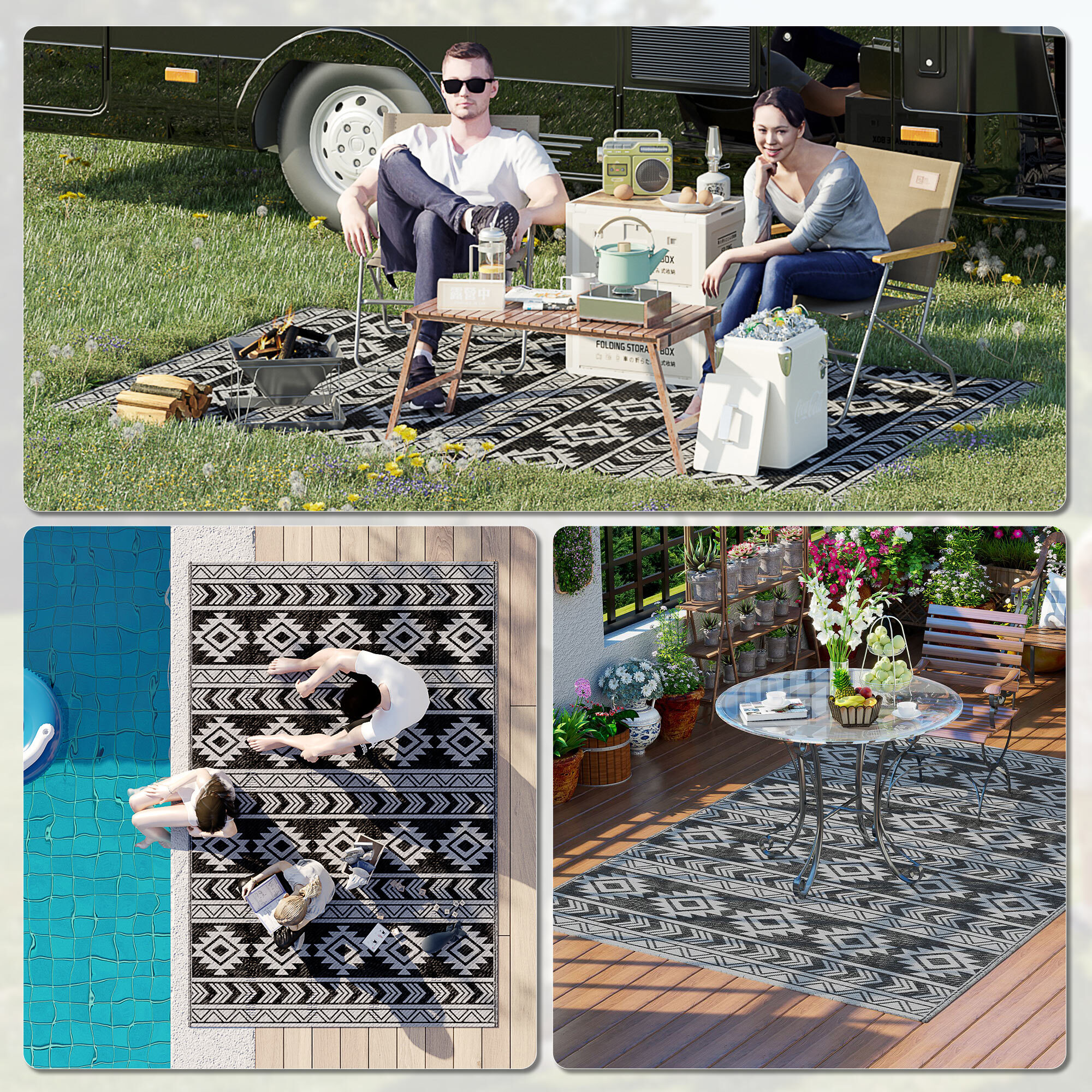Alfombra de Exterior, 182x274 cm, Alfombra Reversible con Patrón Geométrico, Impermeable, Anti-UV, para Terraza, Balcón, Patio, Camping, Viajes en Autocaravana, Negro y Gris Claro