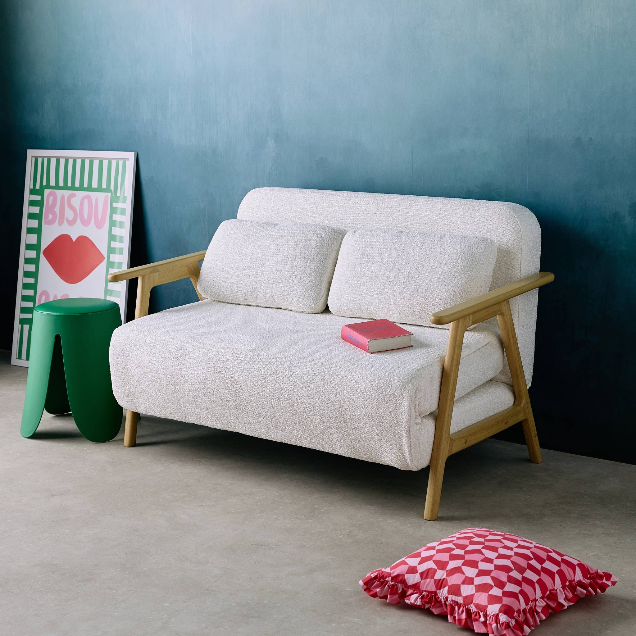 Banquette canapé convertible 2 places bois d'hévéa et bouclette texturée crème L 133 x P 81 x 84cm - Sven