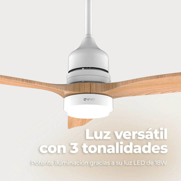 Ventilador de Techo EVVO V540 Wood – 132 cm, LED 18W 3 Tonos, 6 Velocidades, Temporizador 8h, Modo Invierno/Verano, Mando, Motor DC 40W, Altura Ajustable