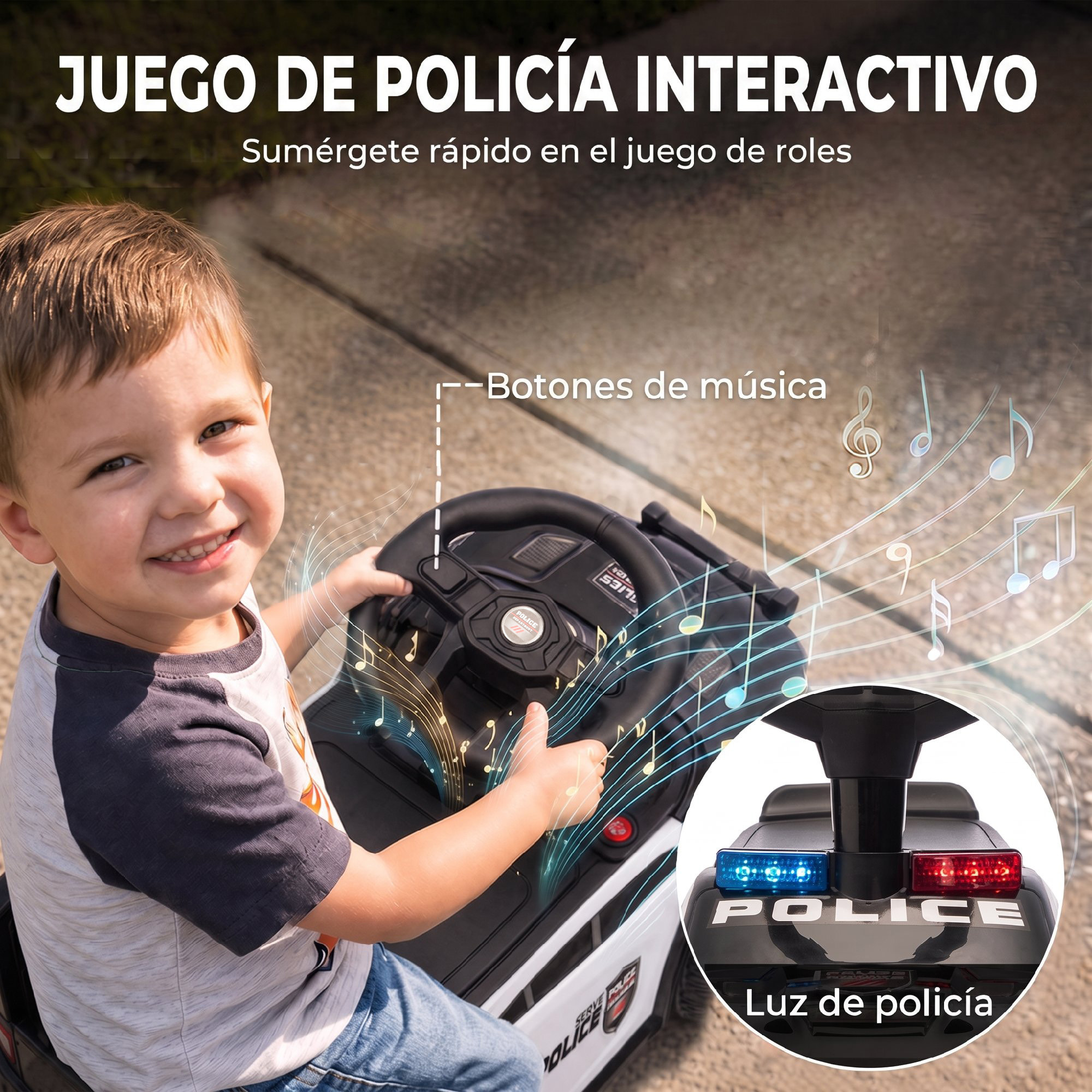 AIYAPLAY Coche Correpasillos de Policía para Niños de 18-36 Meses, Correpasillos con Luz, Música y Espacio de Almacenaje, 65x29,5x36 cm, Negro