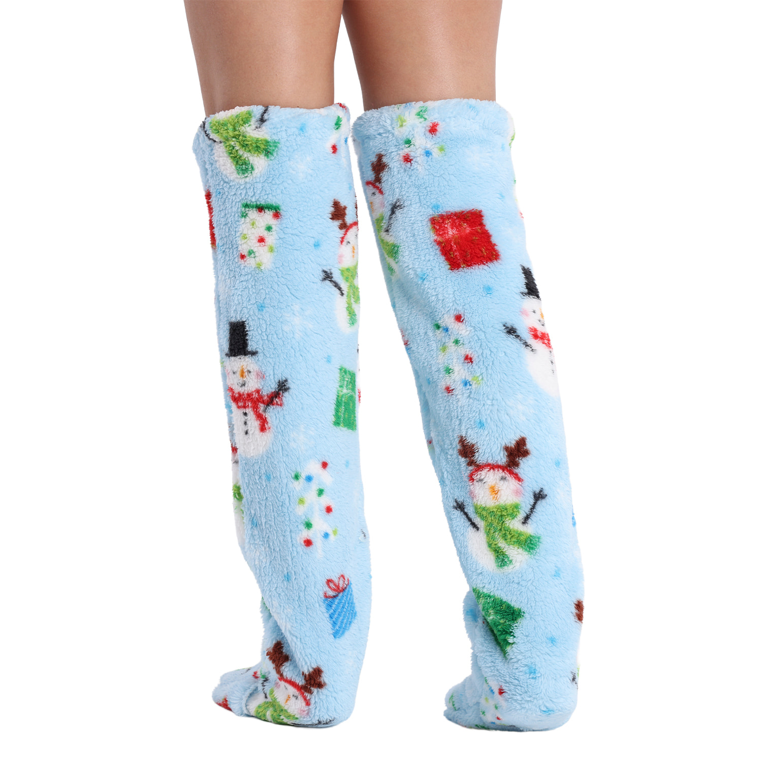 Calze lunghe in peluche extra morbido. Lunghezza di 75 cm. Design natalizio blu.