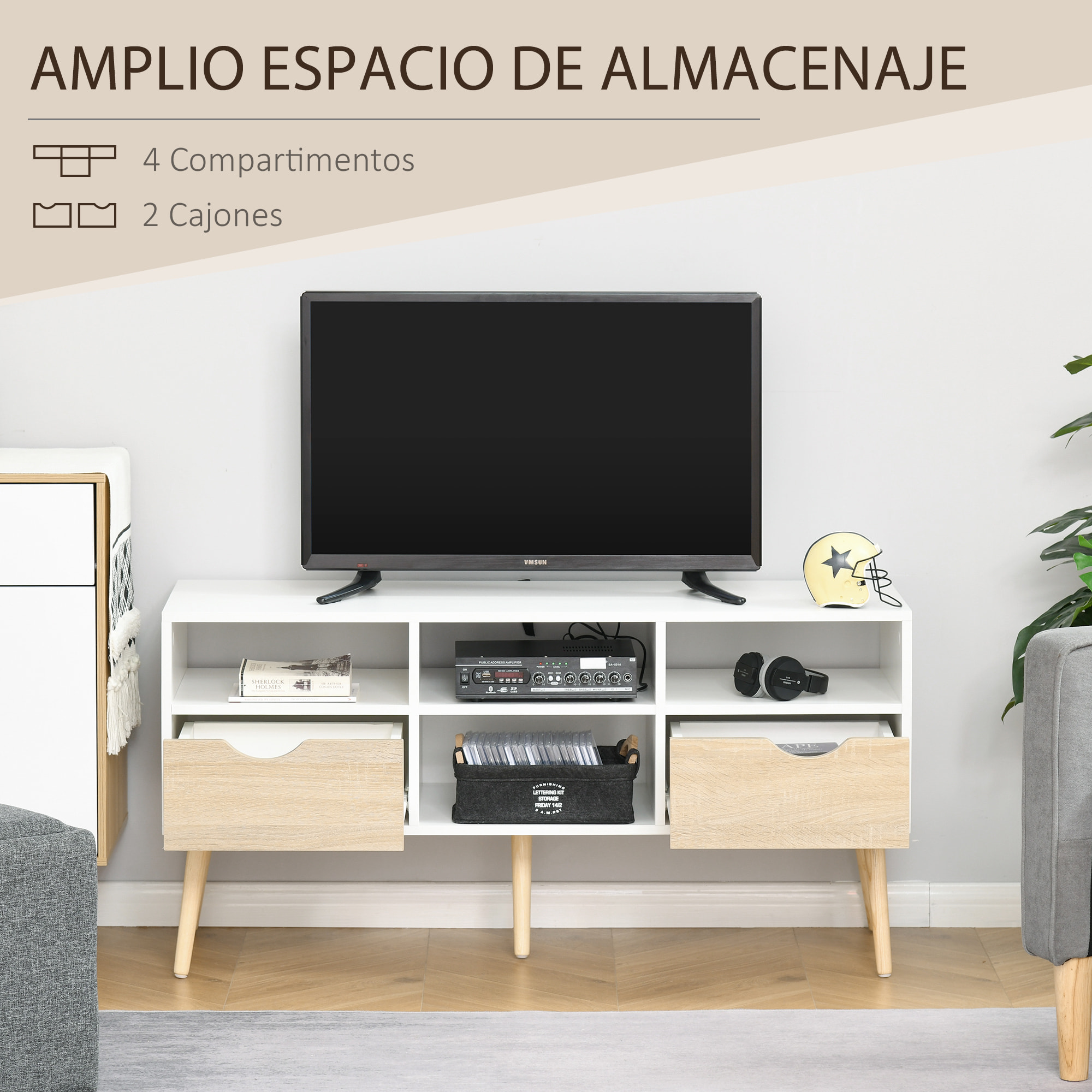 HOMCOM Mueble de TV para Televisiones 50”Mesa para TV de Salón Comedor Moderna con 2 Cajones y 4 Compartimentos Patas de Madera Antivuelco 117x39x57 cm Blanco y Madera Natural