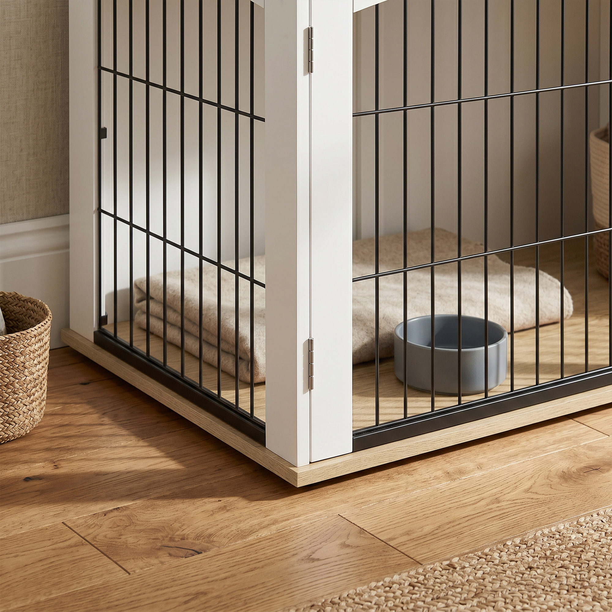 Cage d'intérieur pour chien 80 x 56 x 59 cm 2 portes 2 fenêtres blanc effet bois clair