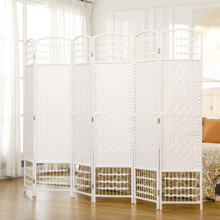 HOMCOM Biombo Plegable de 6 Paneles, 240x170 cm, Biombo Separador de Ambientes de Cuerda de Papel, Marco de Madera, Decoración para Dormitorio, Salón, Blanco