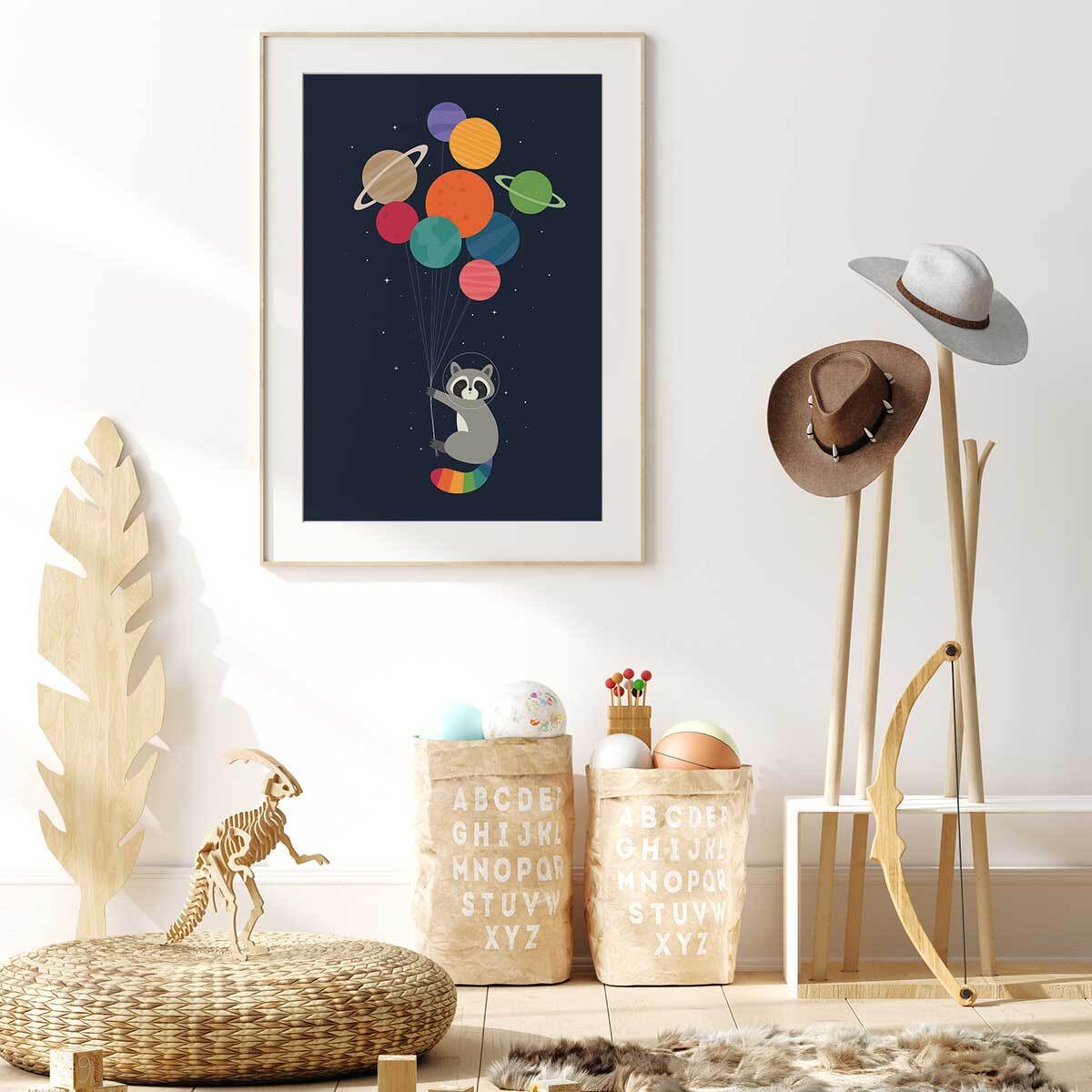 Affiche enfant raton dans la galaxie  Affiche + cadre en bois - Chêne