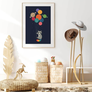 Affiche enfant raton dans la galaxie  Affiche + cadre en bois - Chêne