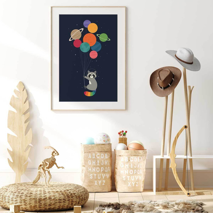 Affiche enfant raton dans la galaxie  Affiche + cadre en bois - Chêne