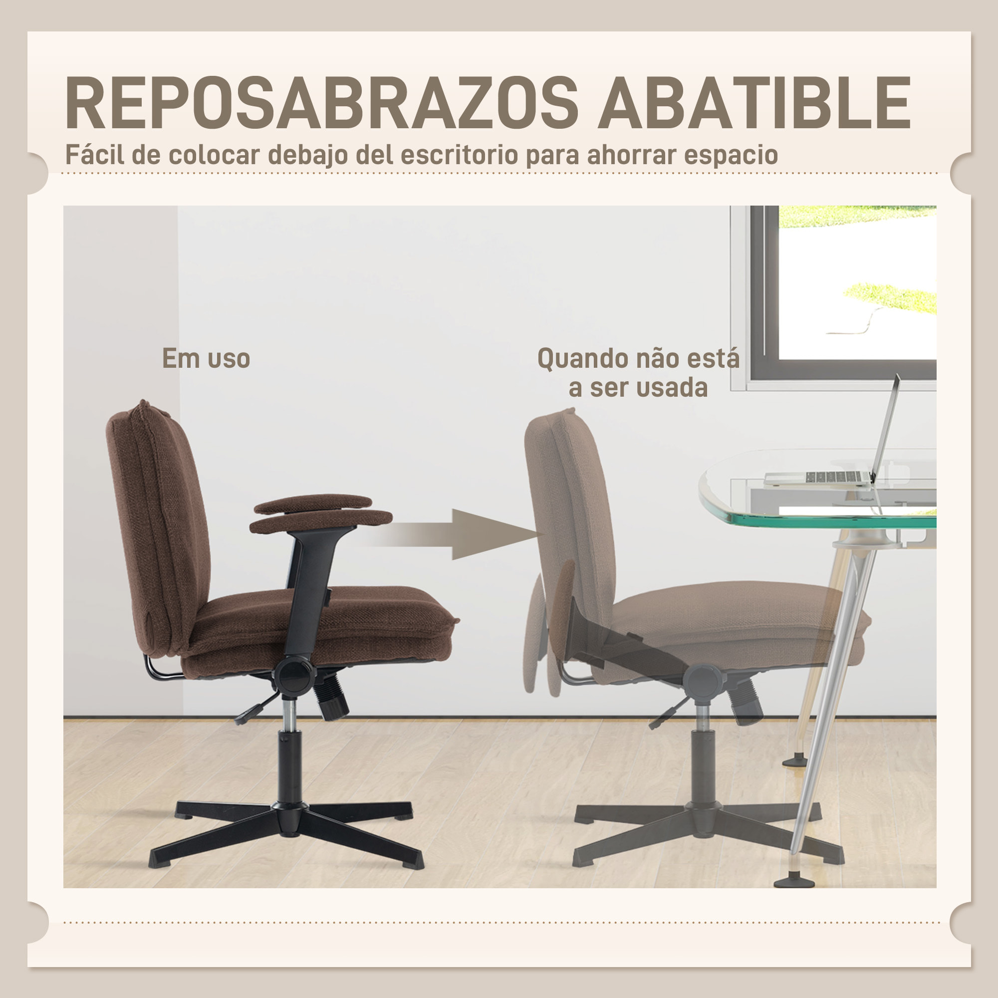 Silla de Oficina Piernas Cruzadas, Silla de Escritorio con Reposabrazos Abatible, Asiento Ancho, sin Ruedas, Altura Ajustable, Giratoria, Función Basculante, Tapizada en Lino, Marrón