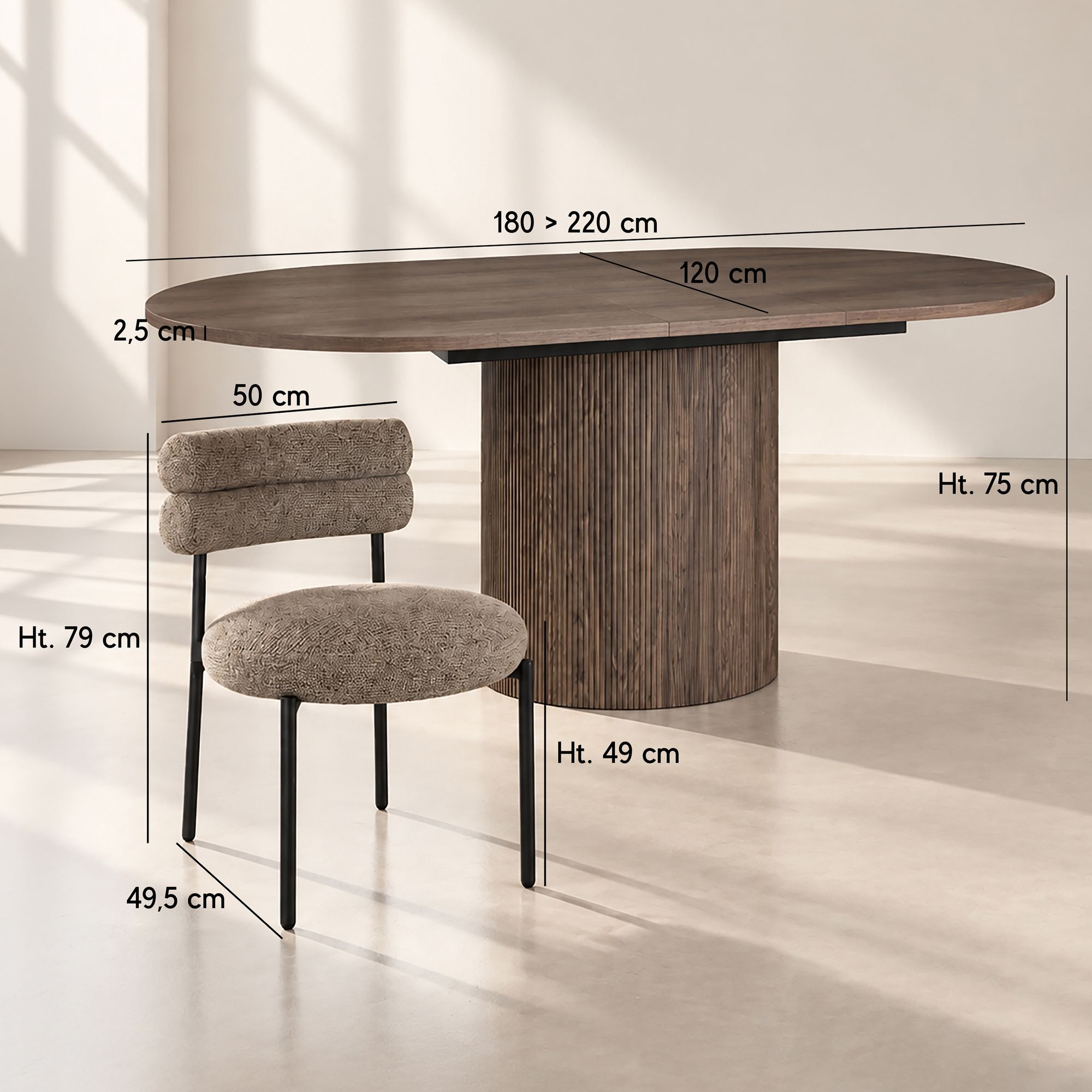 Ensemble table extensible effet noyer et 6 chaises en tissu tweed moka
