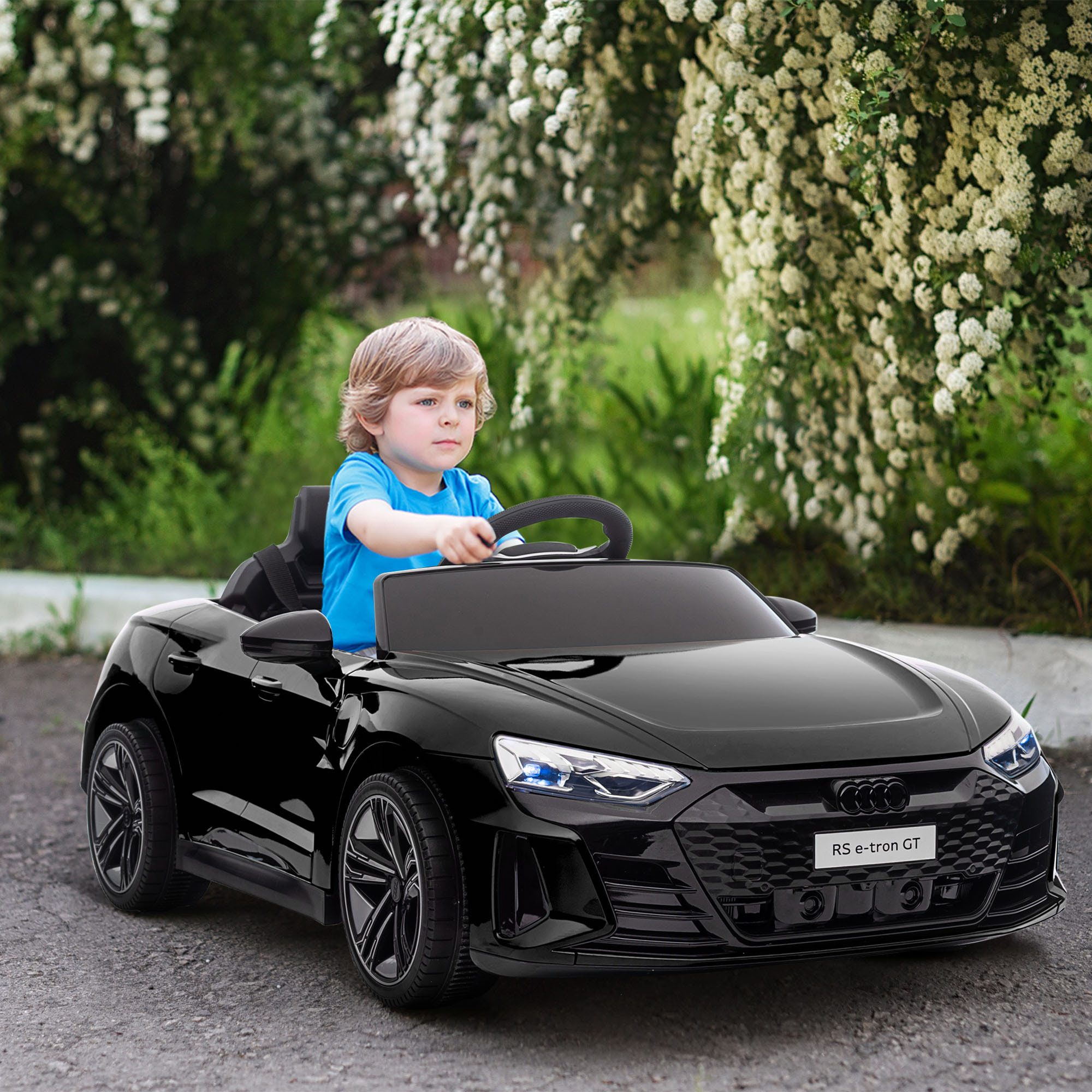 Coche Eléctrico AUDI RS e-tron GT para Niños de 3-5 Años Coche de Batería 12V con 2 Motores Mando a Distancia Faros LED Bocina Música USB y Apertura de Puerta 3-5 km/h 103x58x41 cm Negro