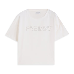 T-shirt cropped bambina con logo borchiato