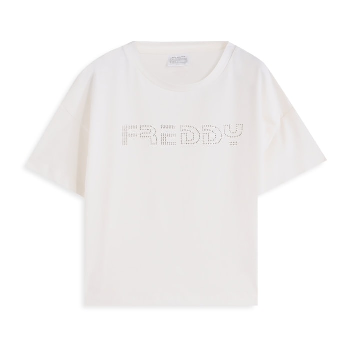 T-shirt cropped bambina con logo borchiato