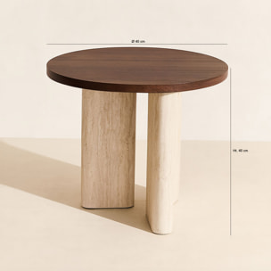 Table d'appoint ronde avec plateau foncé et pied effet travertin 40cm AMBER