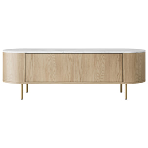 Sansa - meuble tv 139 cm - 2 portes - plateau effet marbre - Bois / Blanc