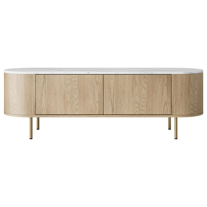 Sansa - meuble tv 139 cm - 2 portes - plateau effet marbre - Bois / Blanc