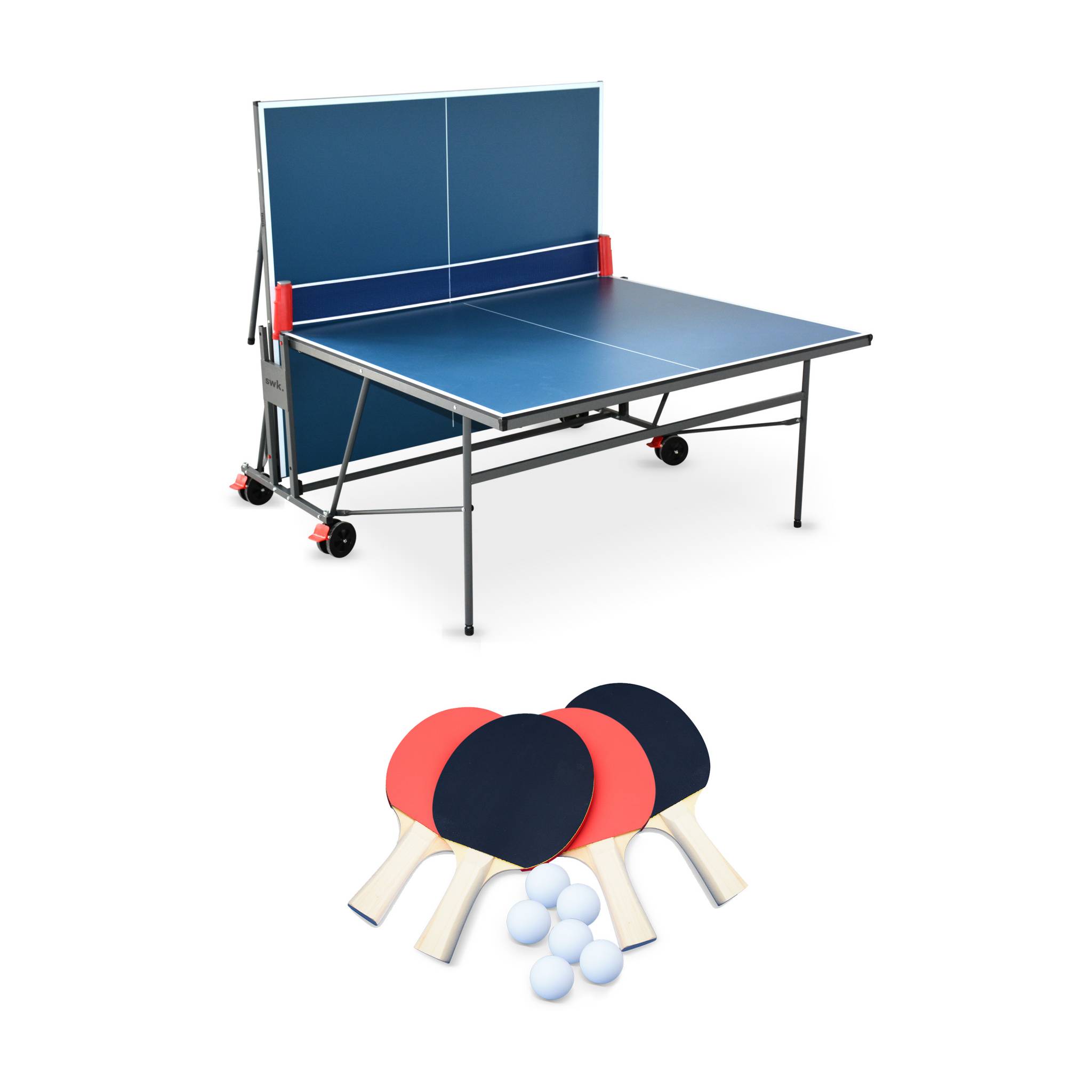 Table de ping pong intérieure pliante avec 4 raquettes et 6 balles TABLE DE PING PONG INTÉRIEURE PLIANTE + RAQUETTES