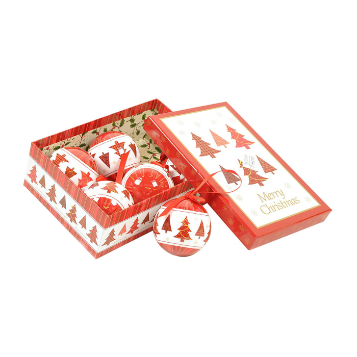 Box 6 sfere natalizie, Ornamenti fantasia alberi, Set assortimento palline di Natale, Scatola set albero di Natale, Diametro 7.5 cm, colore Bianco e Rosso