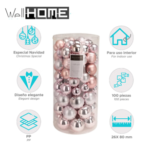 set de 100 bolas de navidad color rosa en tubo pet con diferentes diseños y acabados