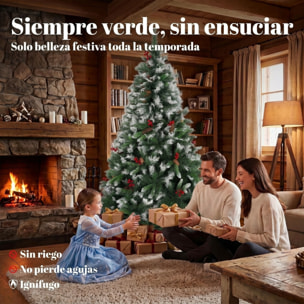 HOMCOM Árbol de Navidad 180 cm, Árbol de Navidad Artificial Nevado con 840 Ramas, Bayas Rojas, Piñas, Base de Acero Plegable, Montaje Rápido, Decoración Navideña para Salón, Interior, Verde