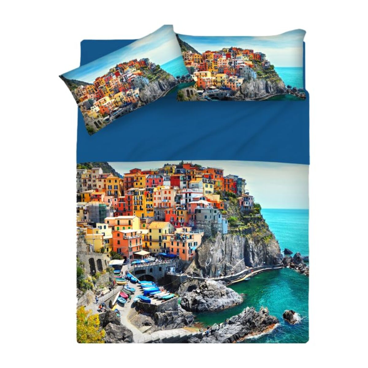 INTRECCI Completo Lenzuola Singolo in Cotone, Stampa Alta Qualità, Lenzuolo Sotto + Lenzuolo Sopra + 1 Federa, Comfort, Morbidezza, per Pelli Sensibili, non Stringe in Lavatrice.Fantasia: Cinque Terre