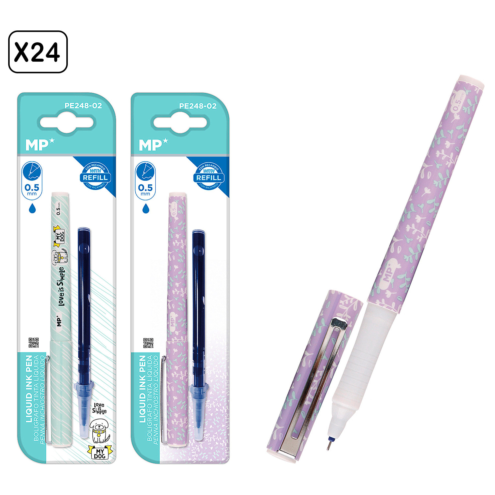 PACK 24 Uds. BOLÍGRAFO TINTA LÍQUIDA PUNTA CON RECAMBIO 0,5 mm. DISEÑO PERRO Y HOJAS.