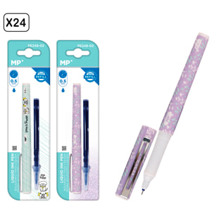 PACK 24 Uds. BOLÍGRAFO TINTA LÍQUIDA PUNTA CON RECAMBIO 0,5 mm. DISEÑO PERRO Y HOJAS.