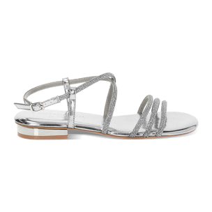 Sandali bassi donna argento in laminato con pietre
