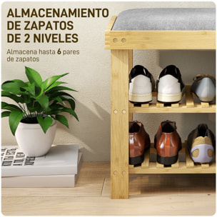 Banco Zapatero de Bambú Zapatero con Asiento Acolchado 2 Estantes para 6 Pares de Zapatos para Entrada Dormitorio 60x29x49 cm Natural y Gris