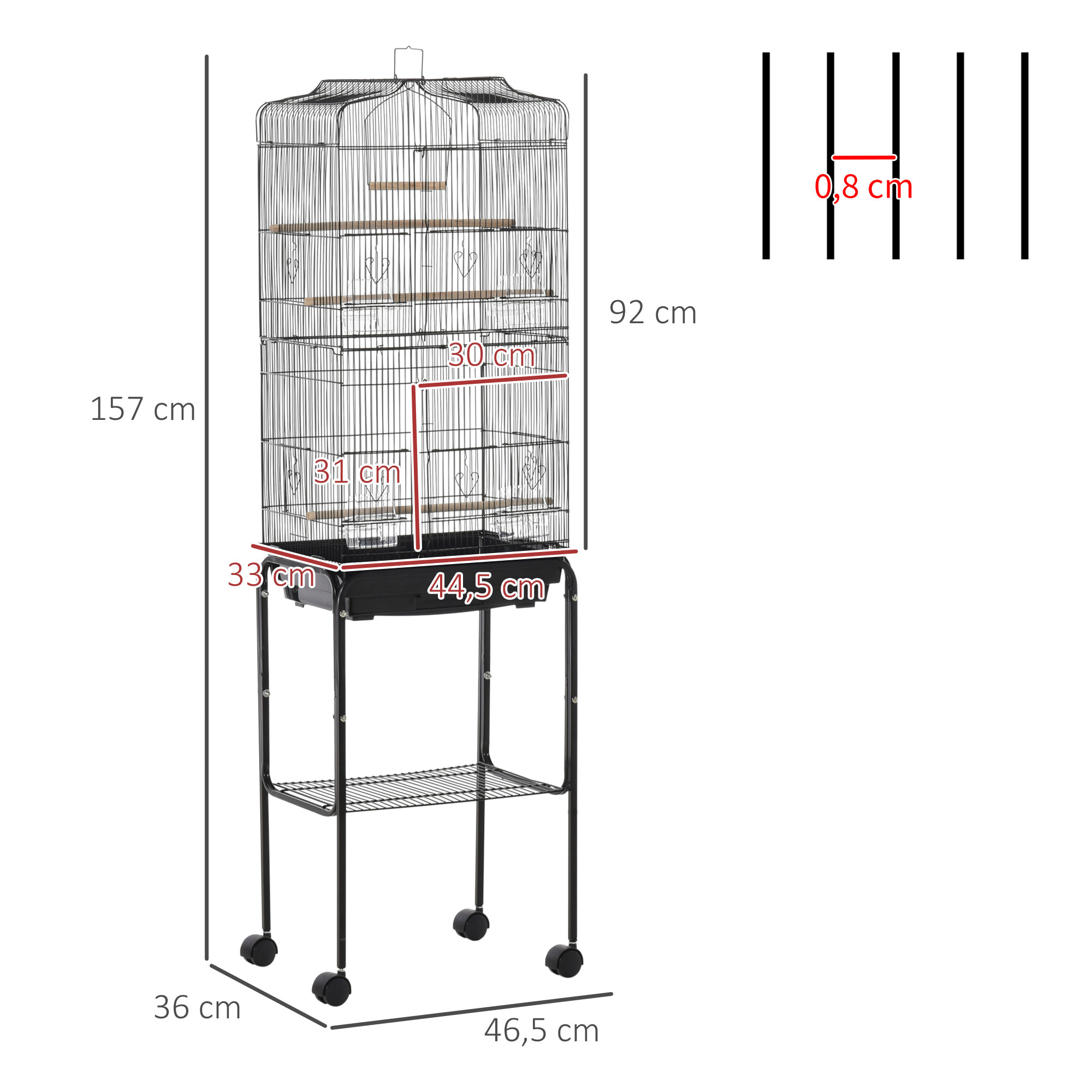 Jaula para Pájaros con Ruedas 46,5x36x157 cm Jaula Metálica de Aves con Puertas 4 Comederos 3 Perchas Bandeja Extraíble y Estante de Almacenaje para Canarios Periquitos Negro