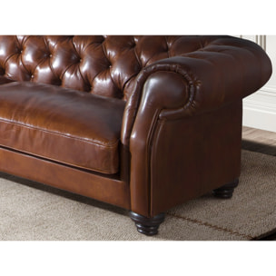 Sofá Chester de 3 plazas tapizado en piel de origen vacuno en marrón coñac patas de madera maciza tintada en caoba 226x101x70cm