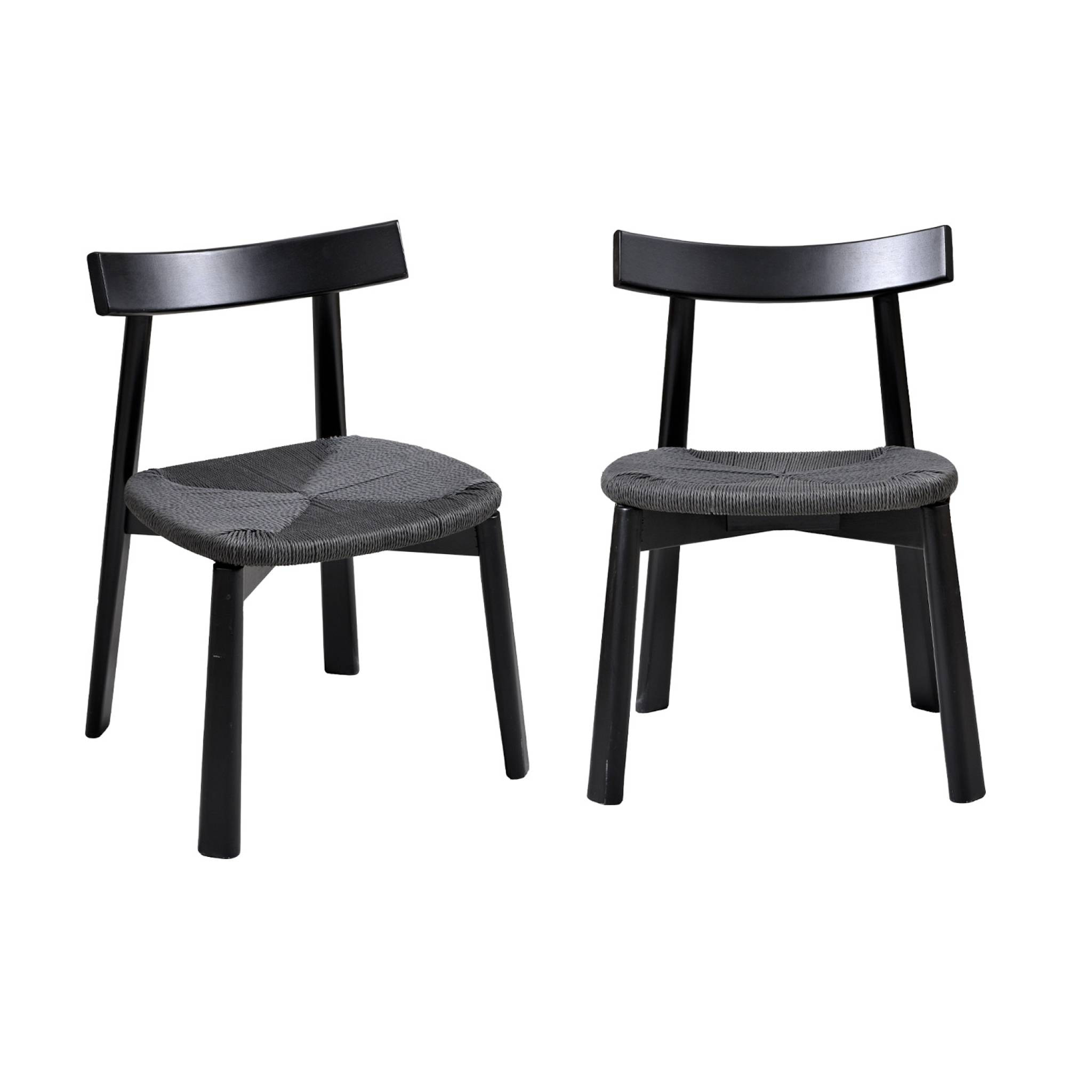 Lot de 2 chaises scandinaves en bois d'hévéa noir et assise en corde noire