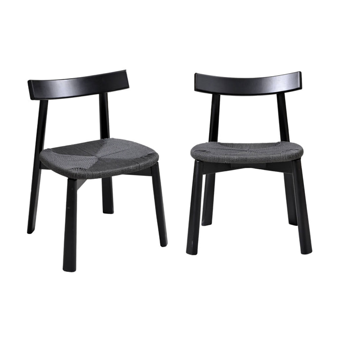 Lot de 2 chaises scandinaves en bois d'hévéa noir et assise en corde noire
