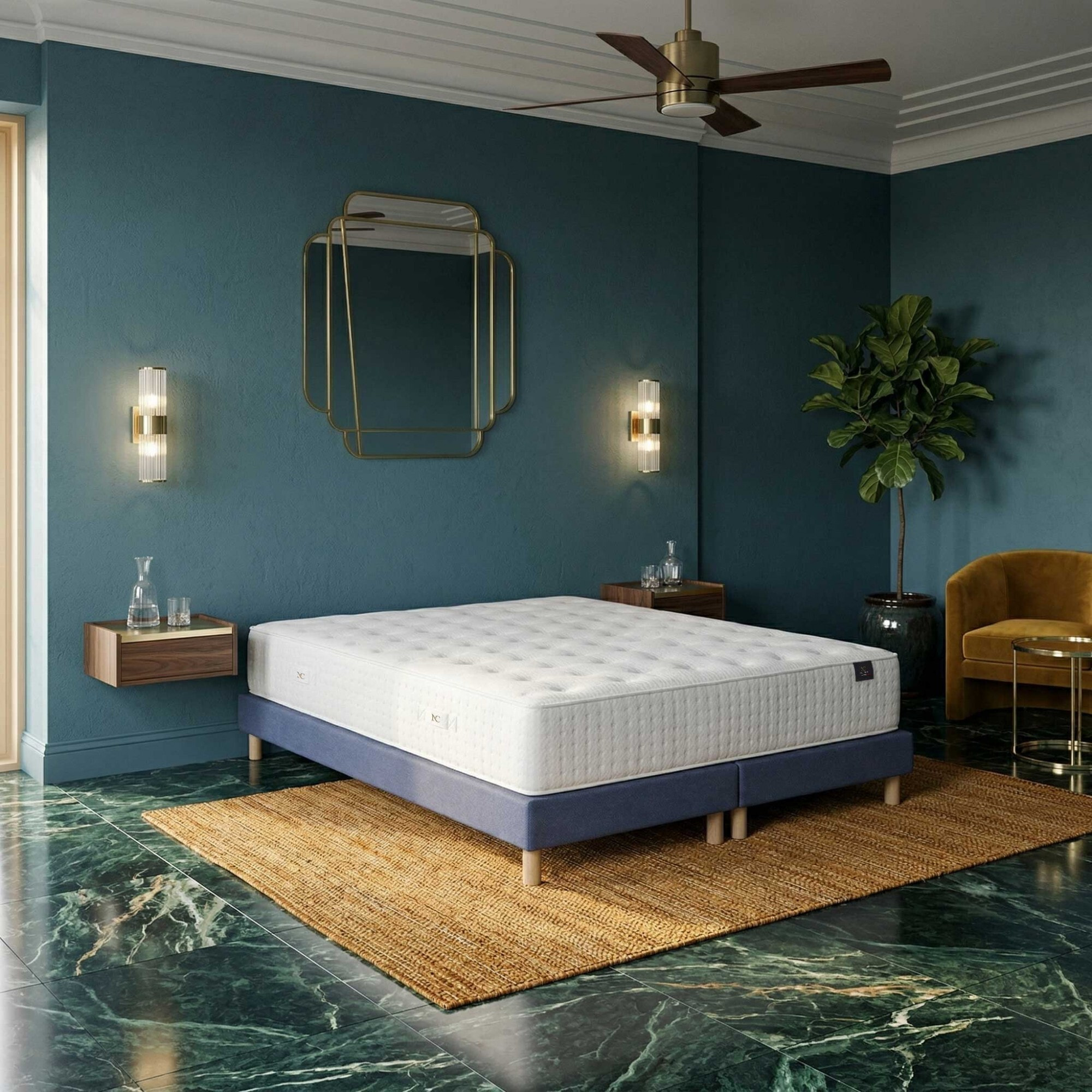Ensemble matelas mousse haute résilience CALLISTO, H29 cm, accueil mémoire de forme, sommier bleu
