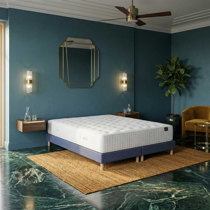 Ensemble matelas mousse haute résilience CALLISTO, H29 cm, accueil mémoire de forme, sommier bleu