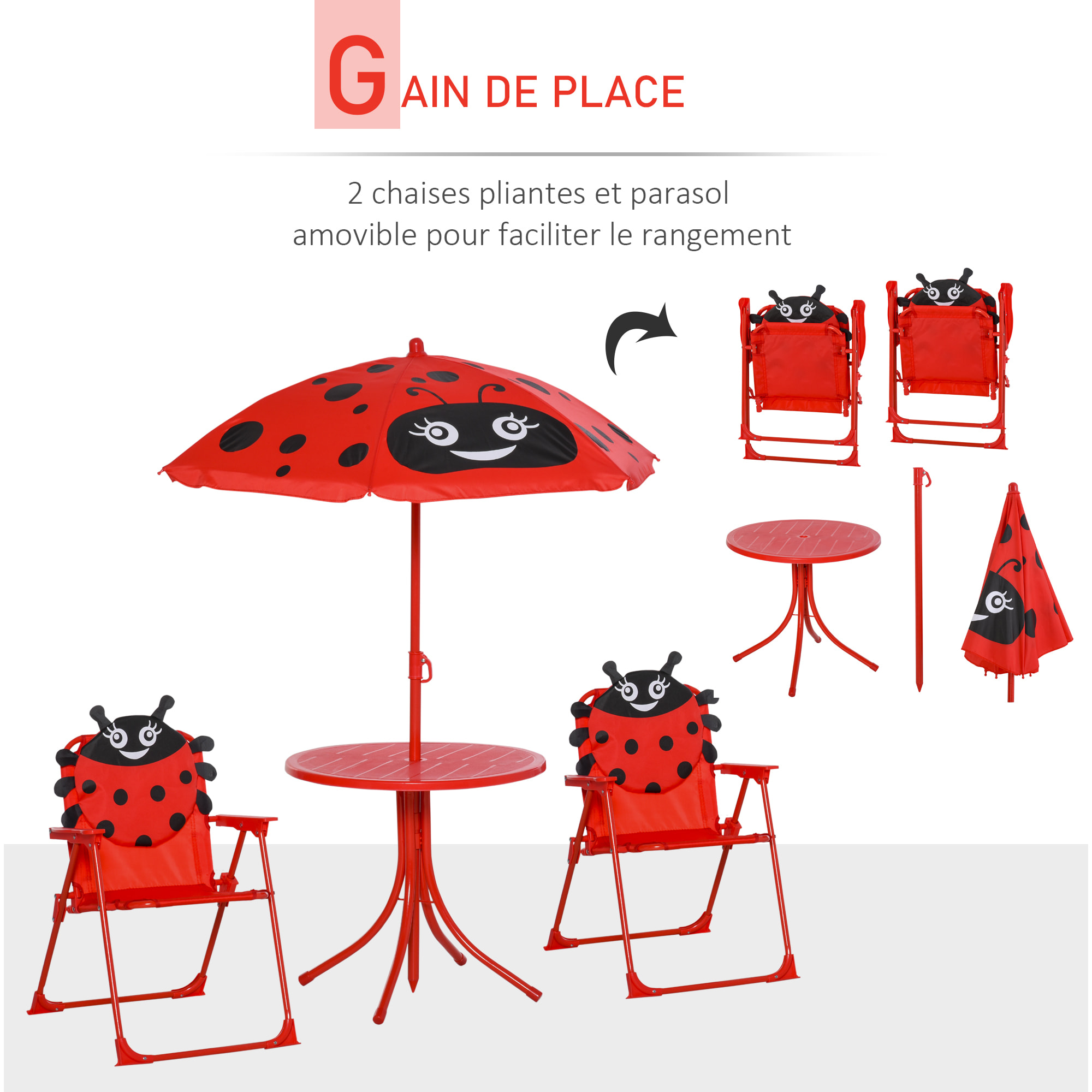 Ensemble salon de jardin enfant 4 pcs design coccinelle - table ronde + 2 chaises pliables + parasol - métal époxy oxford rouge