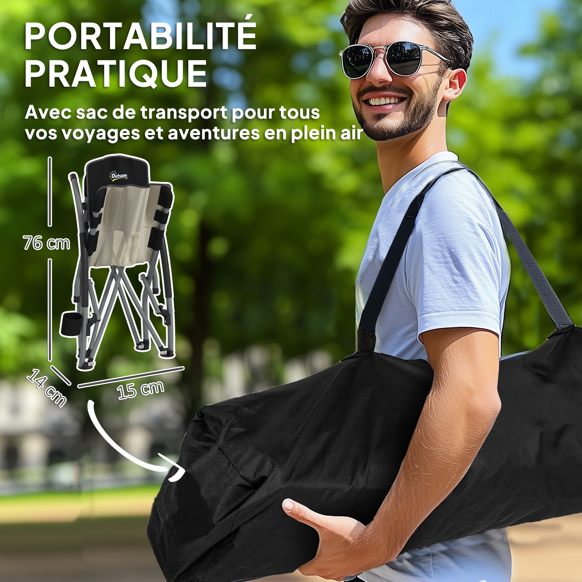 Chaise de plage pliante - chaise de camping compacte légère poids net 2,2 Kg - métal polyester textilène noir