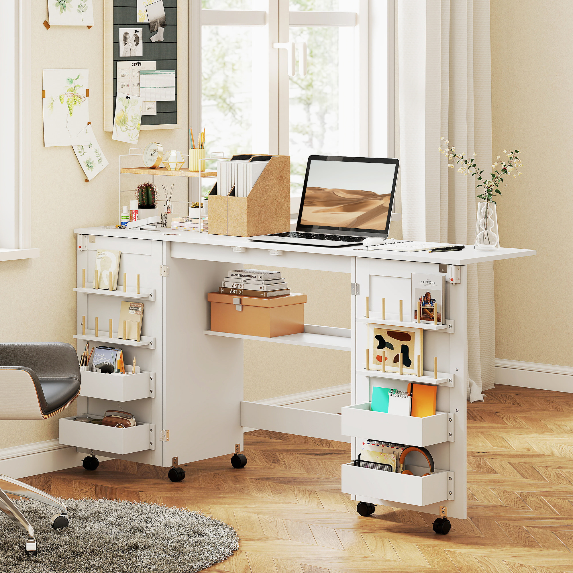 Mesa de Costura Plegable con 6 Ruedas, Mueble para Máquina de Coser con 20 Clavijas para Hilos, 4 Compartimentos, Estante, Armario de Costura para Estudio, Salón, Dormitorio, Blanco