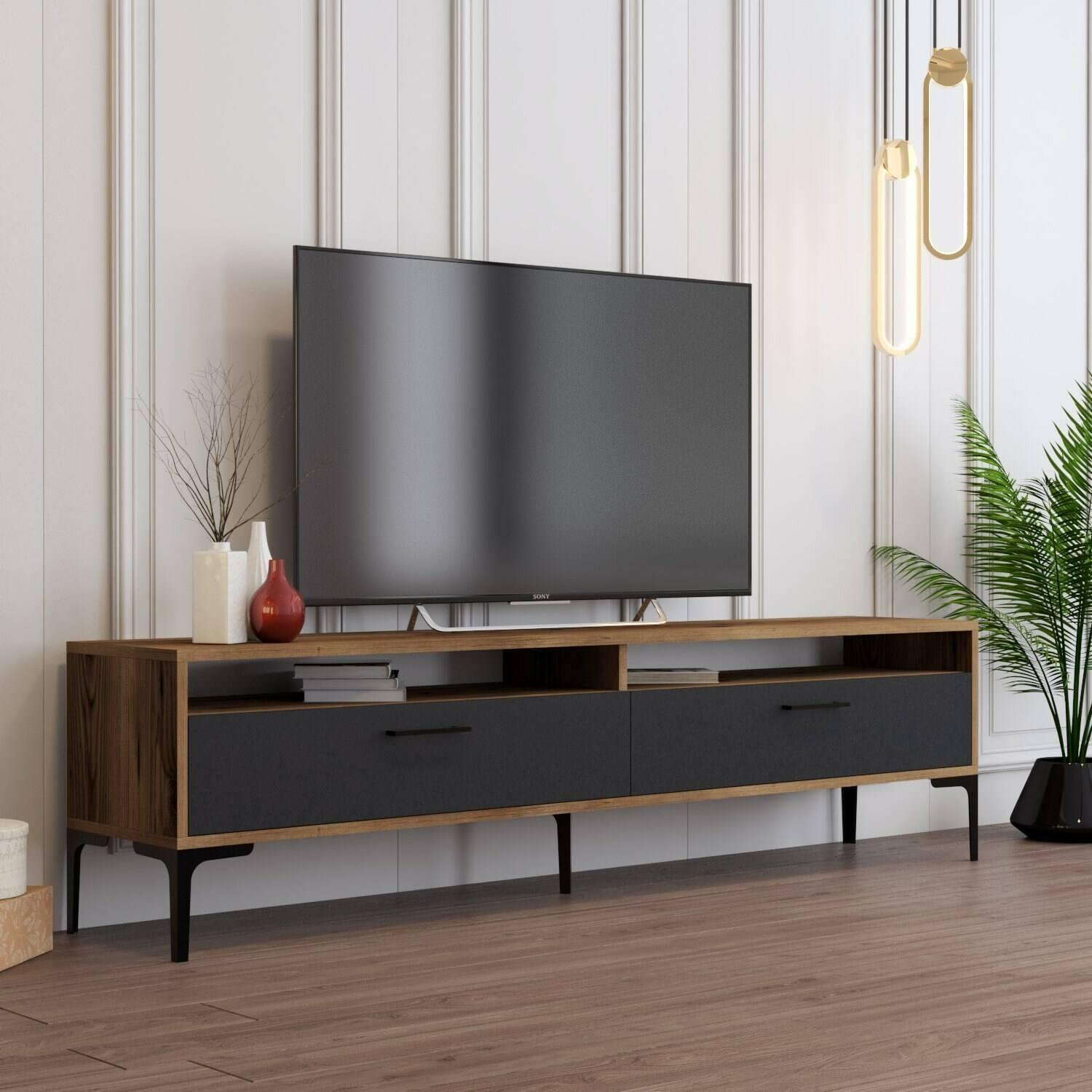 Mobile porta TV Dkumbull, Credenza da soggiorno, Armadio basso per TV, Base parete attrezzata, 180x47h35 cm, Noce e Antracite