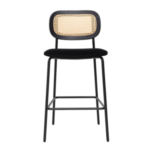 Tabourets design en velours noir, métal noir et cannage rotin (lot de 2) MIRANDA