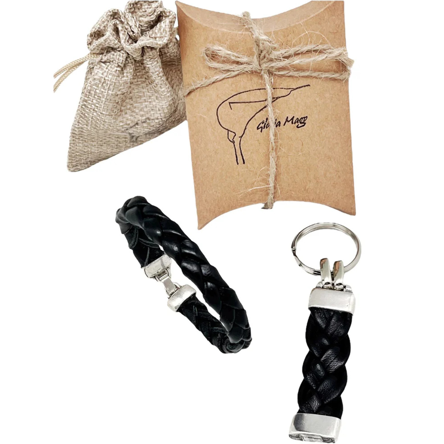 Conjunto pulsera y llavero trenzado negro en piel