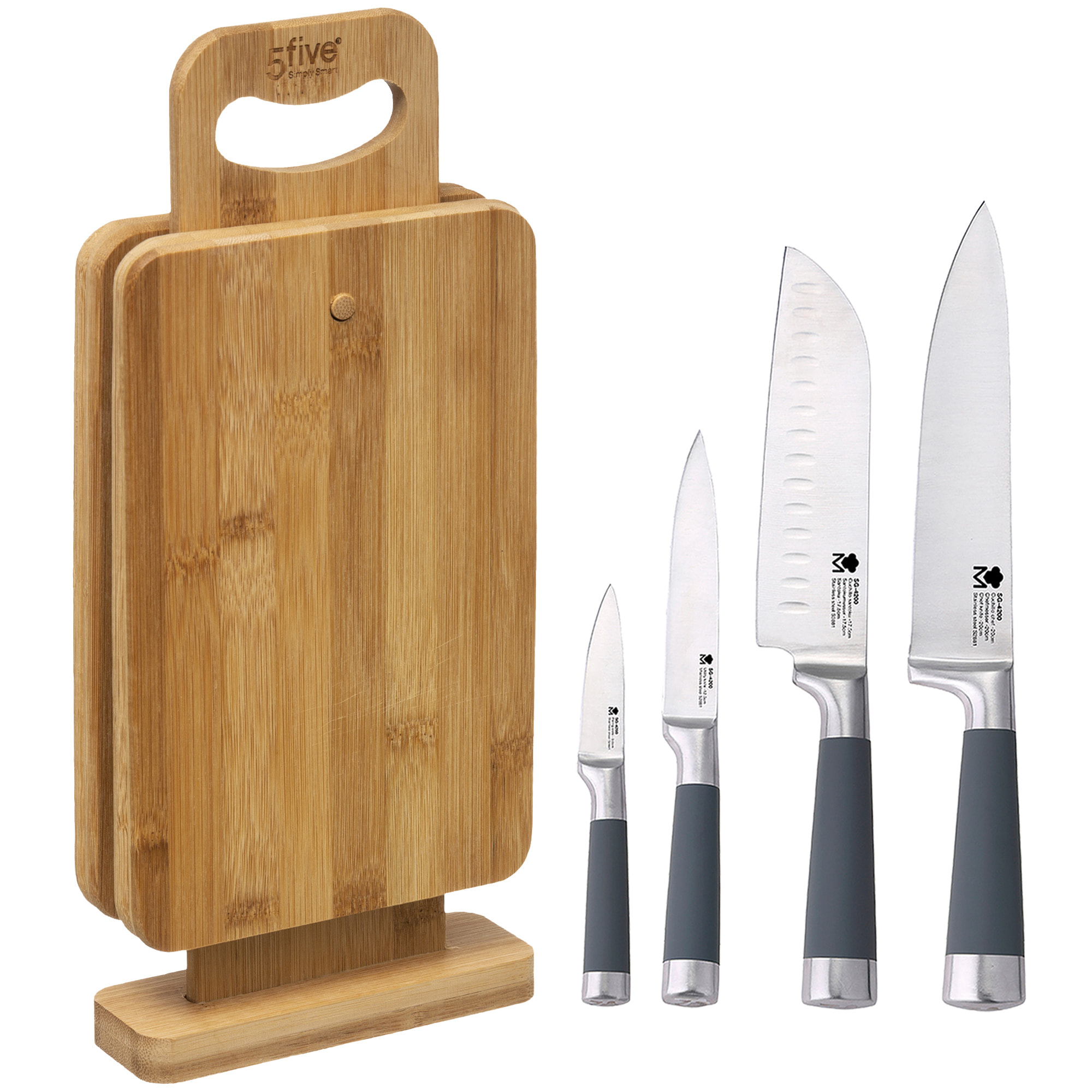 Set 4 cuchillos de cocina  Masterpro con pack de 4 tablas de corte con soporte de bambú