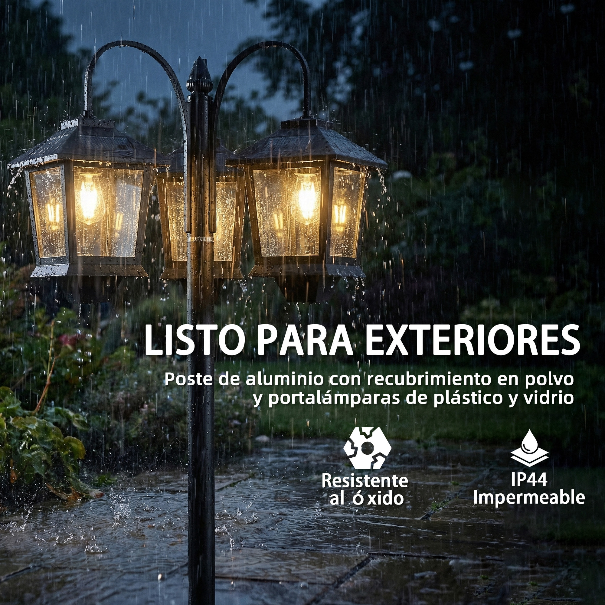 Farola Solar Exterior de Jardín con 3 Cabezales, Luz Solar de Exterior de Aluminio con Encendido/Apagado Automático, Impermeable IP44, para Terraza, Patio, 40x34,5x188 cm, Negro