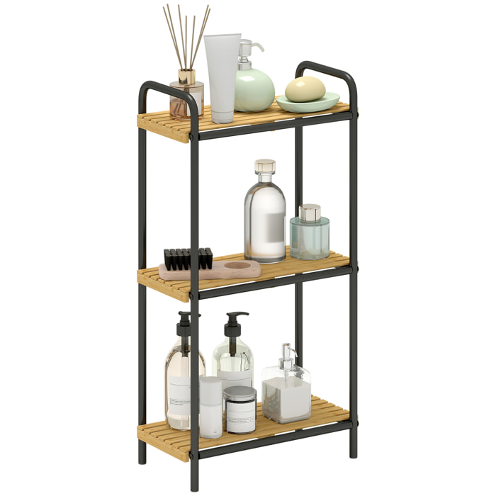 Étagère salle de bain bambou, 3 niveaux, étagère de rangement étroite autoportante cadre en acier pour salon, salle à manger, balcon, cuisine, 41,5 x 21,5 x 77,5 cm, noir et effet bois naturel