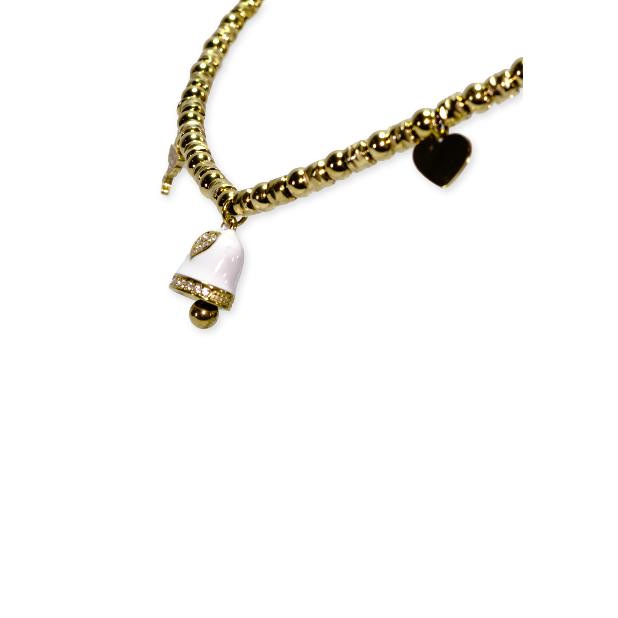 Collana in acciaio gold a sfere con charms bianco e strass