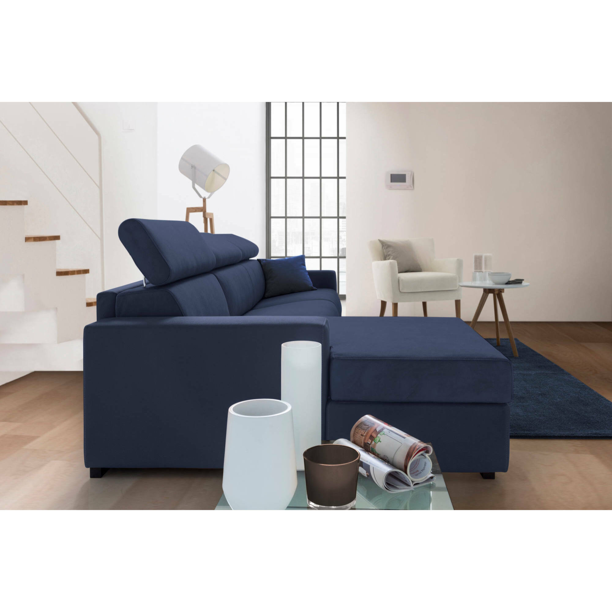 Divano fisso Viviana, Divano ad angolo, 100% Made in Italy, Sofà Soggiorno con chaise longue, in tessuto imbottito - Penisola contenitore Sinistra, con Braccioli standard, Cm 280x95h85, Blu