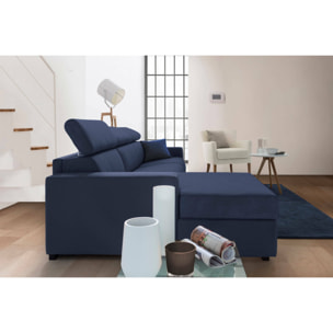 Divano fisso Viviana, Divano ad angolo, 100% Made in Italy, Sofà Soggiorno con chaise longue, in tessuto imbottito - Penisola contenitore Sinistra, con Braccioli standard, Cm 280x95h85, Blu