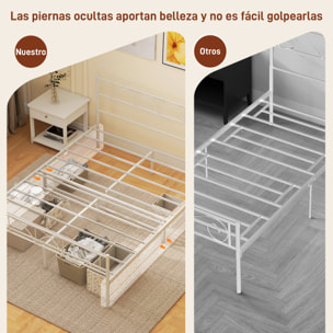 Cama Doble 150x200 cm Estructura de Cama Somier con Cabecera Listones de Acero y Espacio de Almacenamiento Debajo de la Cama Carga 330 kg Blanco