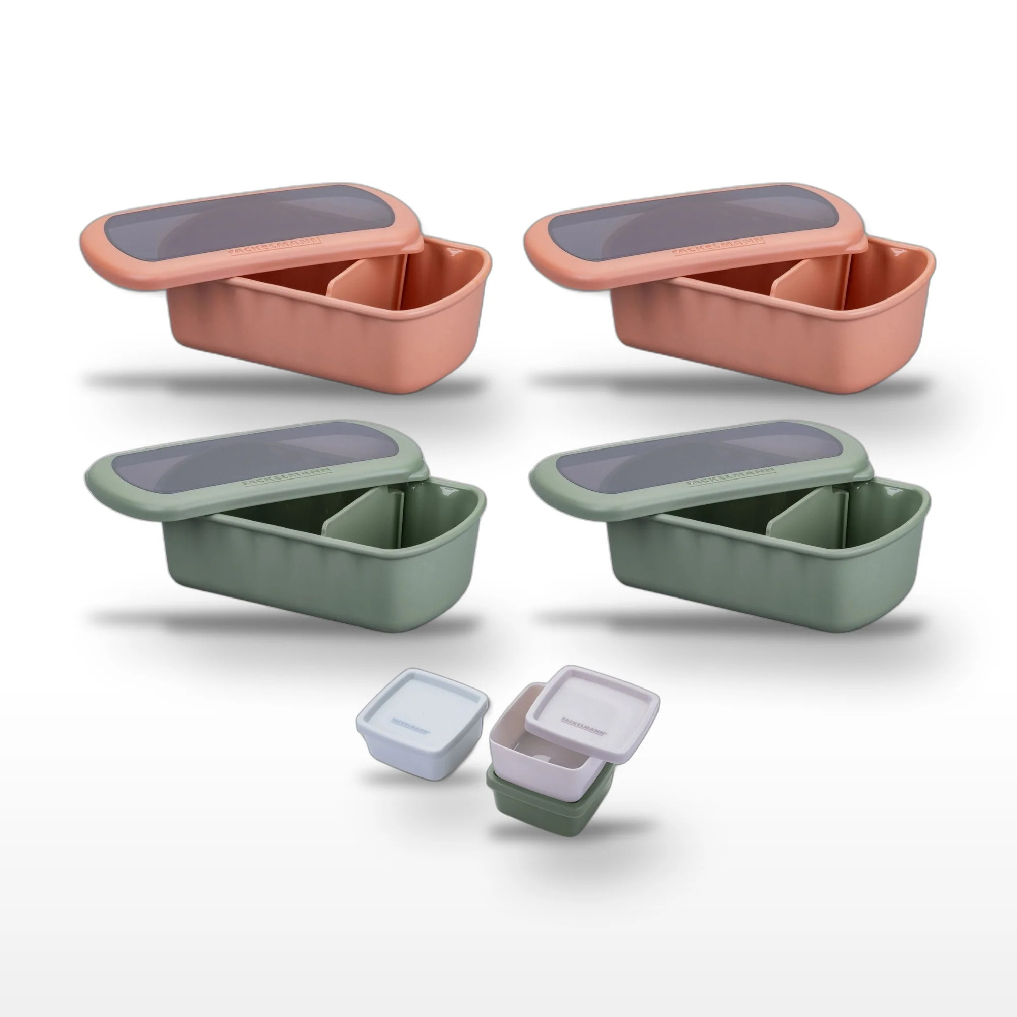 Lot de 2 Lunchbox Terracotta et 2 Lunchbox Vertes 1L avec Set de 3 boîtes à sauce Fackelmann Storage